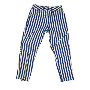 ASOS Blue and White Vertical Stripe Trousers with Neon Green Zipper Size 30/32